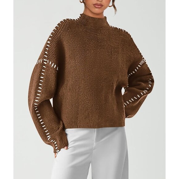 Prettygarden Women's Khaki Fall Long Sleeve Mock Neck Oversized Chunky Sweaters - Picture 4 of 7